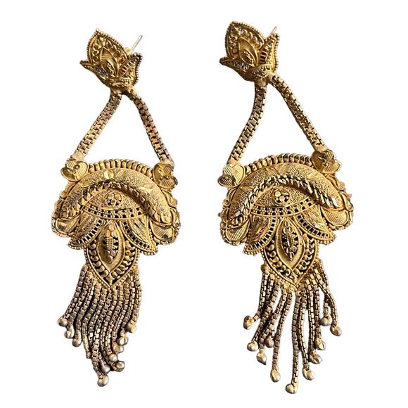 Jewelry Statement Set Necklace Drop Earrings Ring Adjustable Gold Tone - Picture 8 of 15